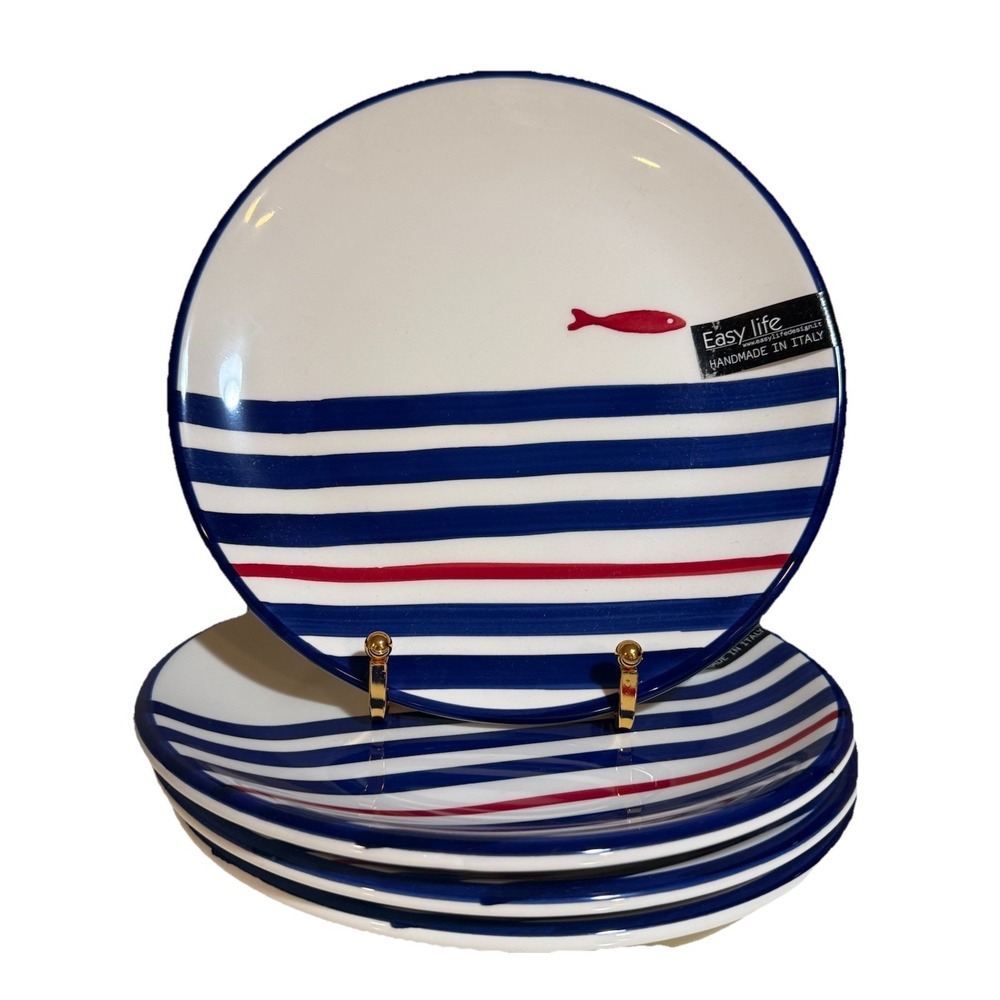 4 ct Easy Life 8" Salad Plates Nautical Fish Coastal Italy Blue Stripe Ceramic